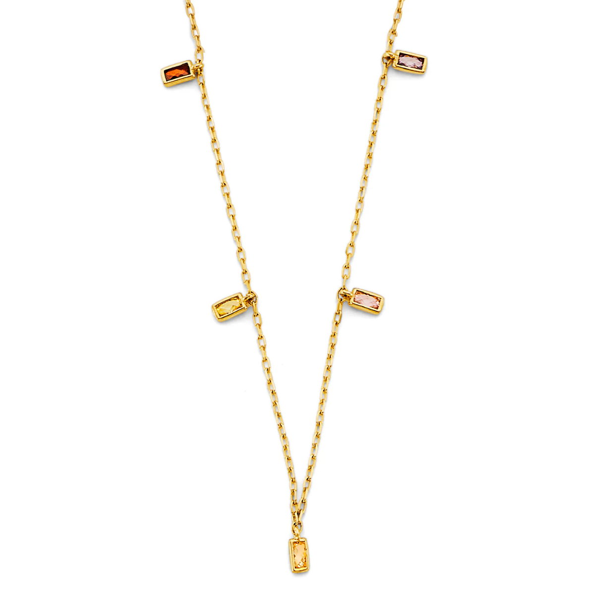 14K Yellow Gold Multi-Color Emerald Shape CZ Station Necklace