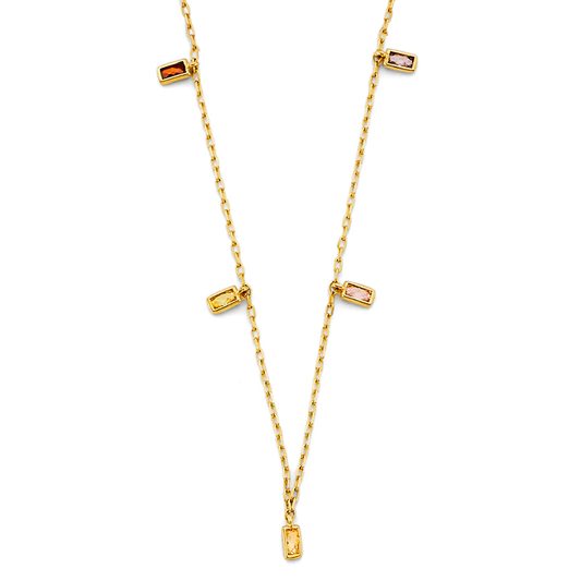 14K Yellow Gold Multi-Color Emerald Shape CZ Station Necklace