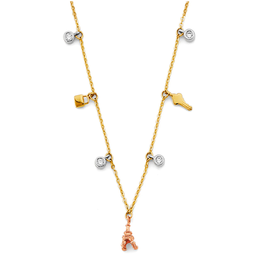 14K Tri-Color Gold Charm Cubic Zirconia Necklace for Women
