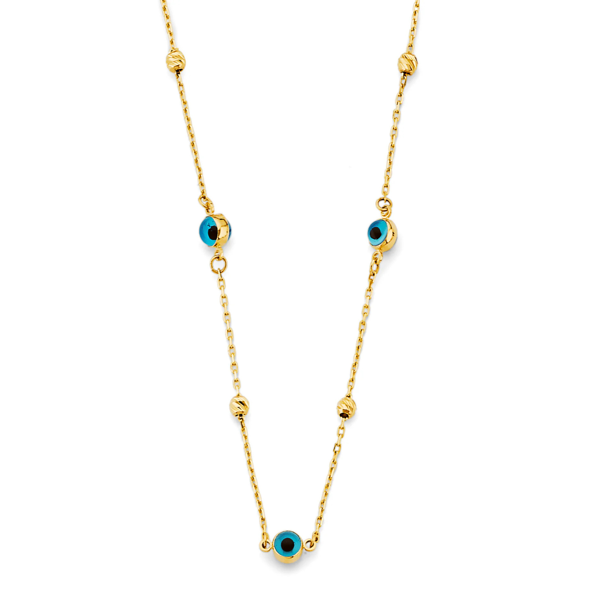 14K Yellow Gold Sky Blue Evil Eye Necklace - Fine Protective Lucky Charm Pendant for Women