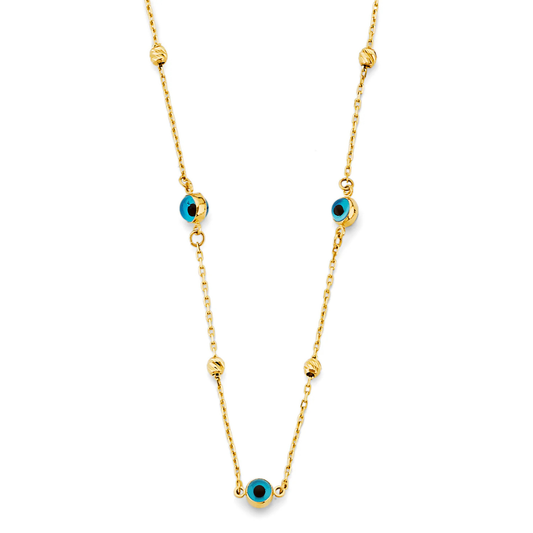 14K Yellow Gold Sky Blue Evil Eye Necklace - Fine Protective Lucky Charm Pendant for Women