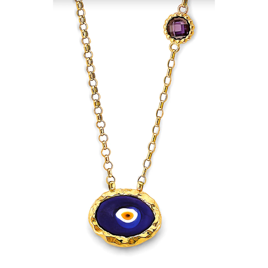 14K Yellow Gold Fancy Blue Evil Eye Necklace with Cubic Zirconia Accents for Women