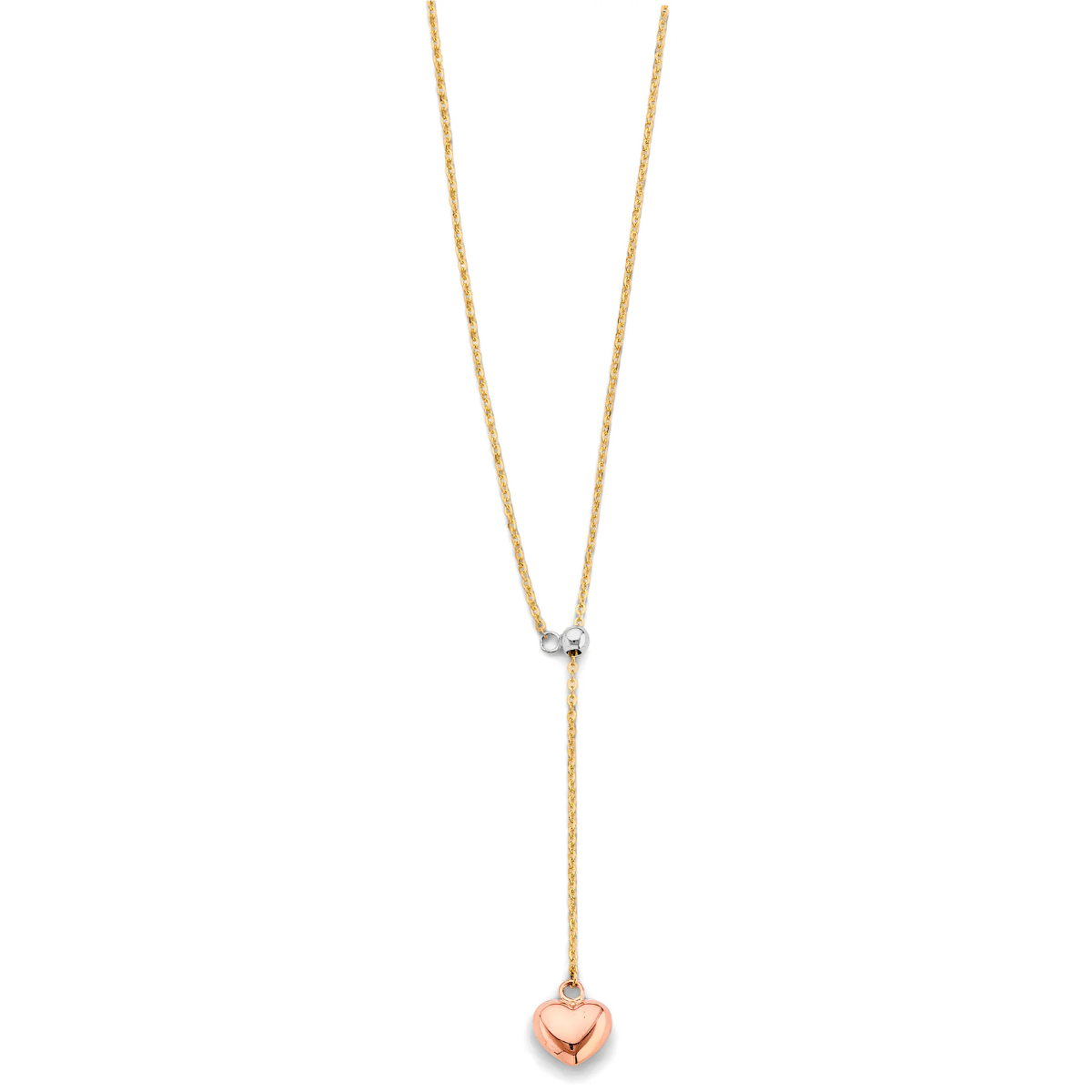 14K Tri-Color Gold Heart String Necklace - Yellow, White & Rose Gold Delicate Chain for Women