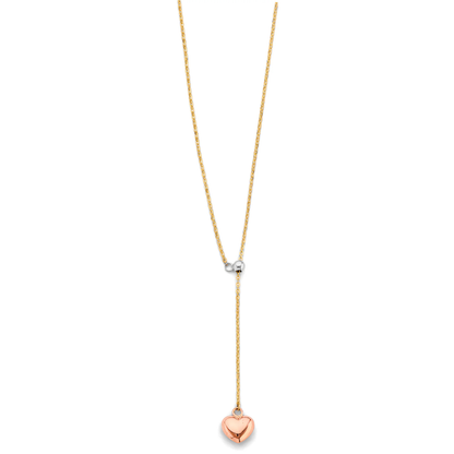 14K Tri-Color Gold Heart String Necklace - Yellow, White & Rose Gold Delicate Chain for Women