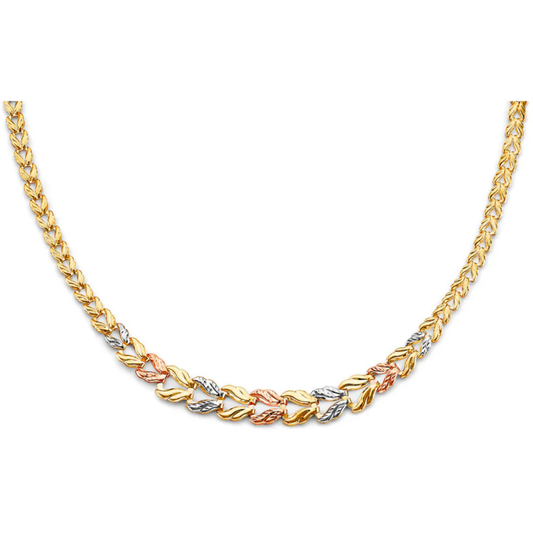 14K Tri-Color Gold Graduated Leaf Link Stampato Necklace - Textured Double-Face Finish