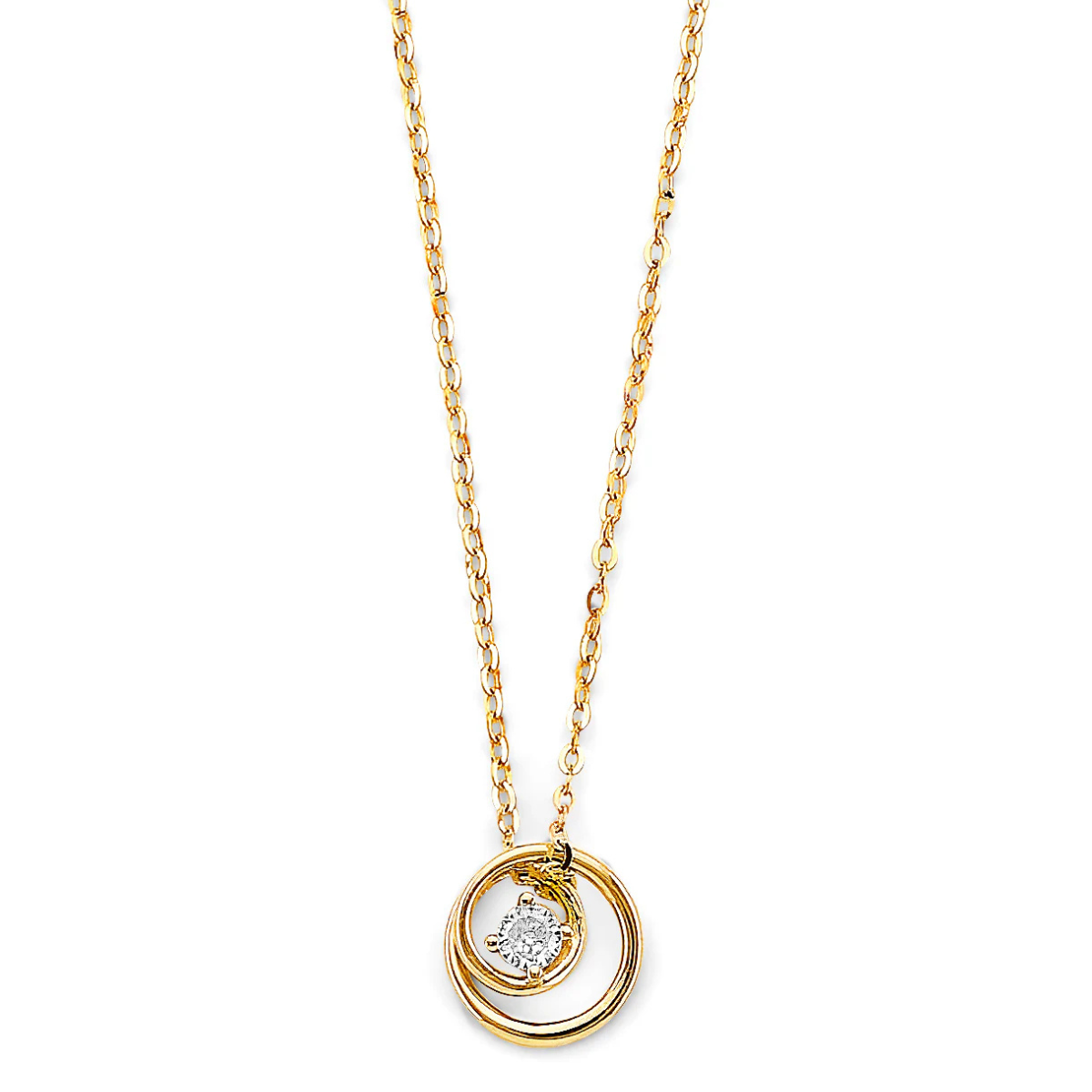 14K Yellow Gold Cubic Zirconia Double Circle Necklace for Women