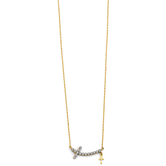 14K Two-Tone Yellow & White Gold Double Dangle Cross CZ Religious Necklace