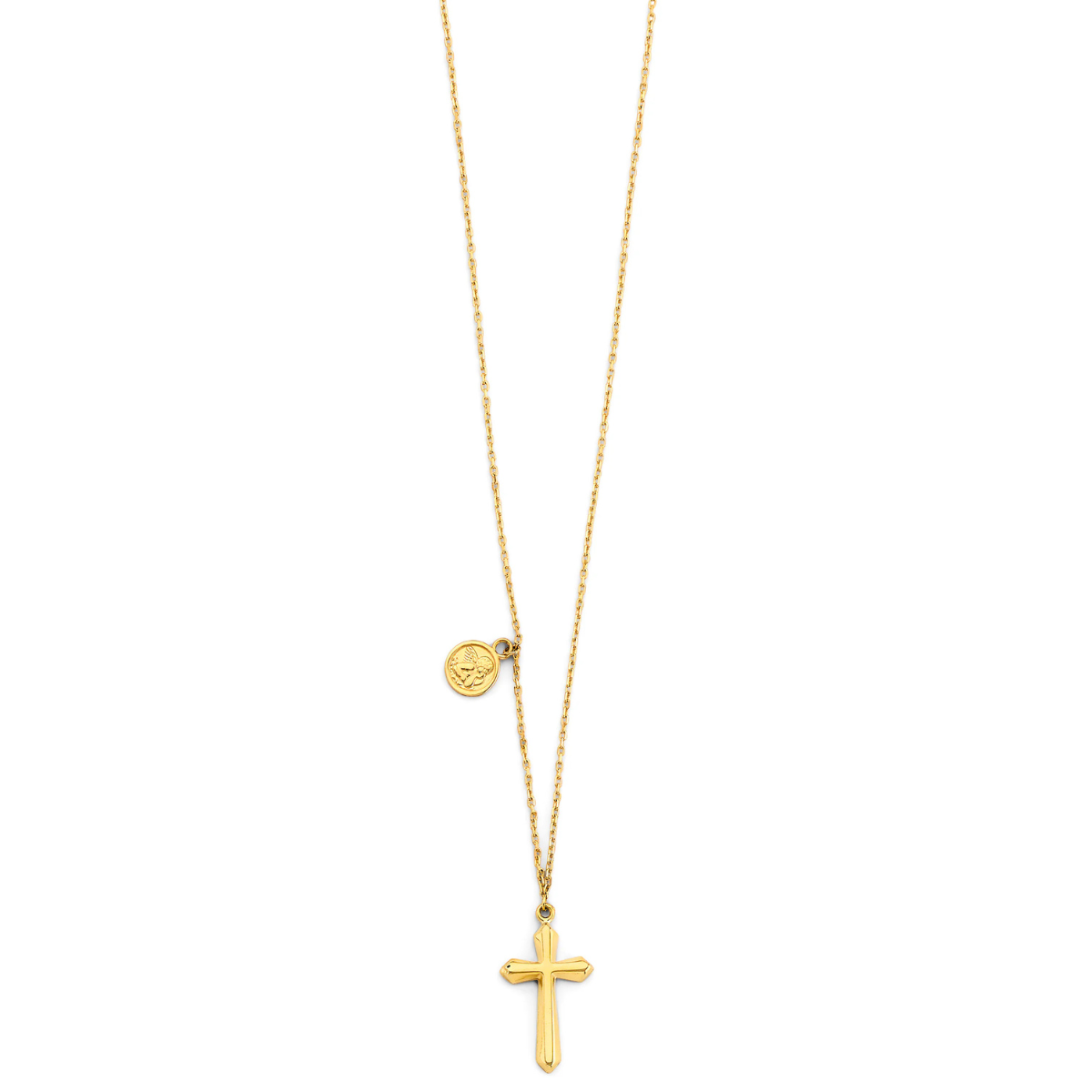 14K Yellow Gold Religious Light Pendant Necklace with Cross and Baby Angel Charm