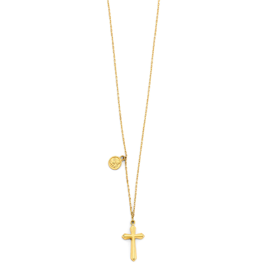 14K Yellow Gold Religious Light Pendant Necklace with Cross and Baby Angel Charm