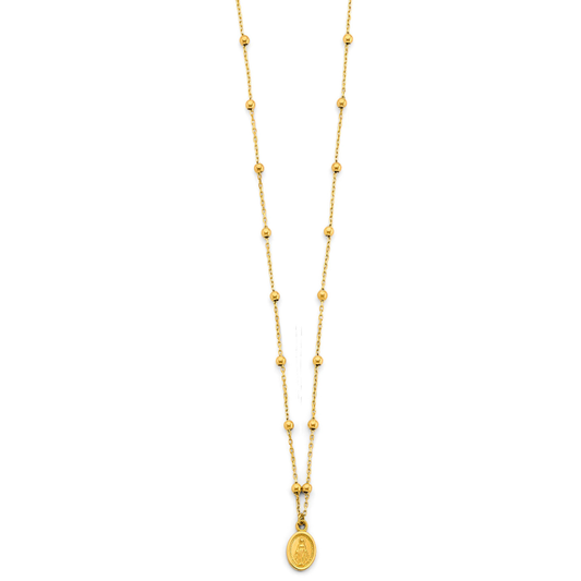 14K Yellow Gold Virgin Mary Ball Beaded Unisex Rosary Necklace with Medallion