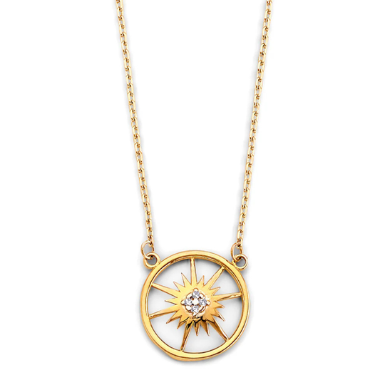 14K Yellow Gold Unisex Sunburst Star Lightweight Necklace