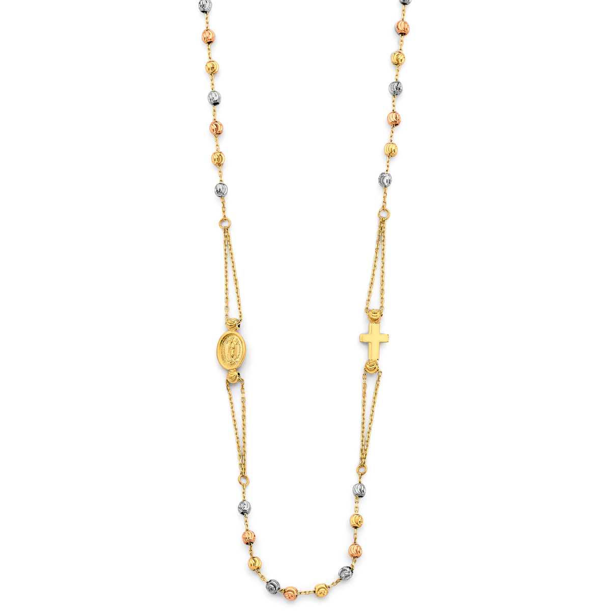 14K Tri-Color Gold 2.5mm Moon Cut Ball Rosary Necklace with Virgin Mary and Crucifix
