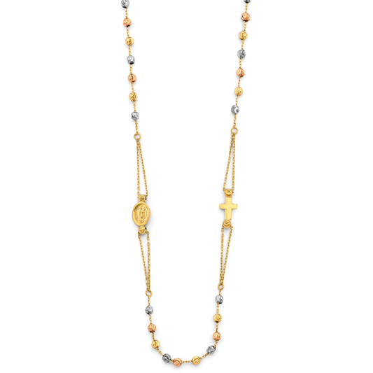14K Tri-Color Gold 2.5mm Moon Cut Ball Rosary Necklace with Virgin Mary and Crucifix
