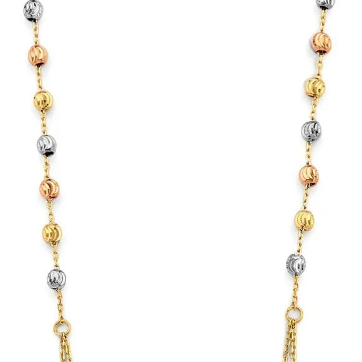 14K Tri-Color Gold 2.5mm Moon Cut Ball Rosary Necklace with Virgin Mary and Crucifix