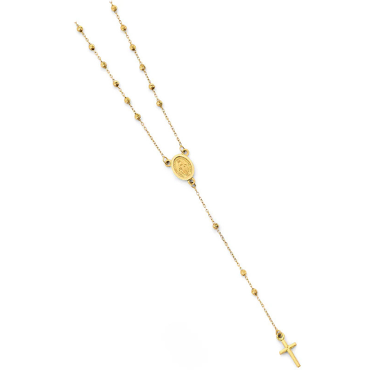 14K Yellow Gold 2mm Diamond Cut Ball Rosary Necklace with Virgin Mary and Crucifix