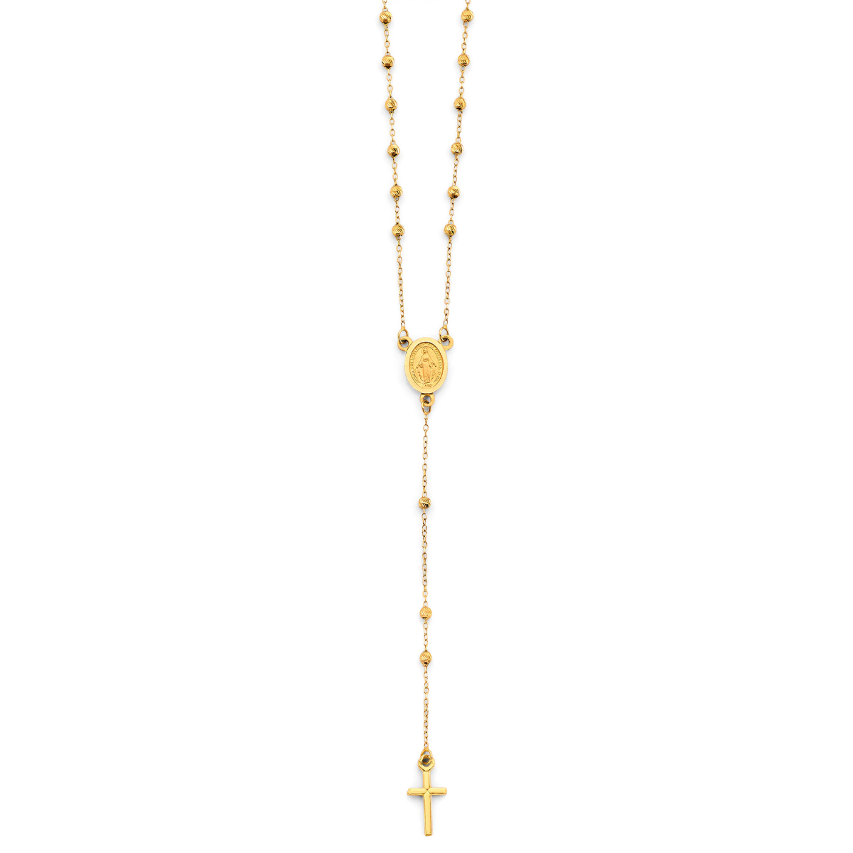 14K Yellow Gold 2mm Diamond Cut Ball Rosary Necklace with Virgin Mary and Crucifix