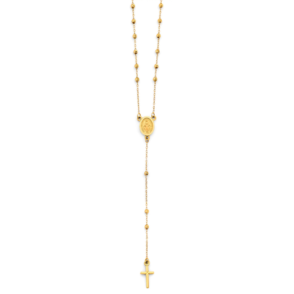 14K Yellow Gold 2mm Diamond Cut Ball Rosary Necklace with Virgin Mary and Crucifix