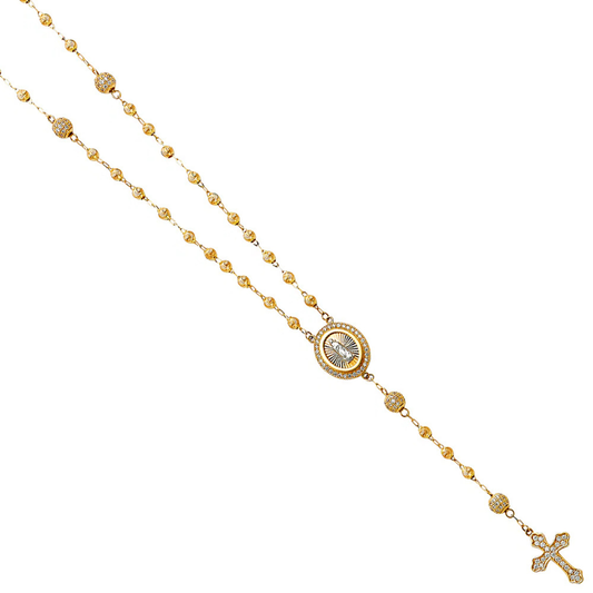 14K Yellow Gold 3mm Moon Cut Ball Beaded Rosary Necklace with Cubic Zirconia and Crucifix
