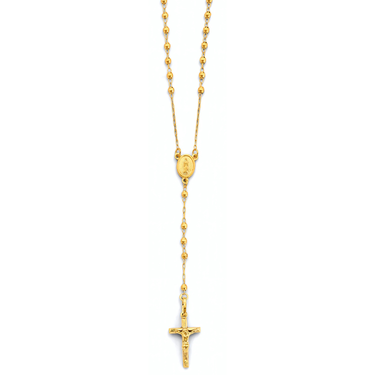 14K Yellow Gold 2.5mm Disco Ball Beaded Rosary Necklace with Cross Crucifix