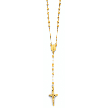 14K Yellow Gold 2.5mm Disco Ball Beaded Rosary Necklace with Cross Crucifix