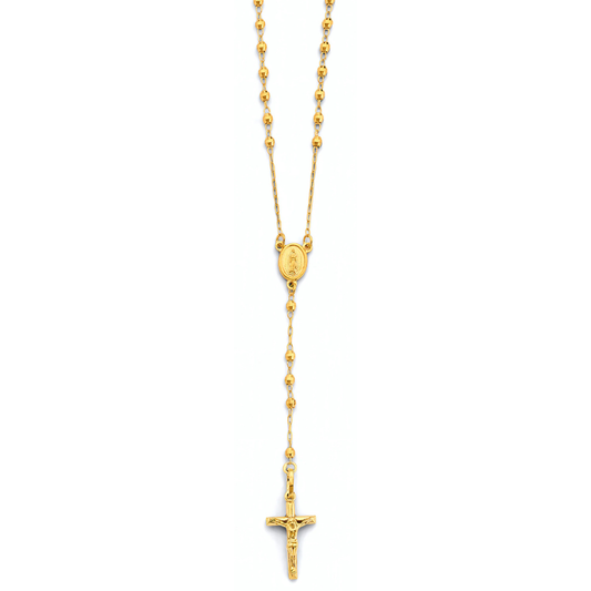 14K Yellow Gold 2.5mm Disco Ball Beaded Rosary Necklace with Cross Crucifix