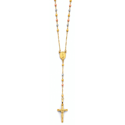14K Tri Color Gold 2.5mm Disco Ball Beaded Rosary Necklace with Cross Crucifix