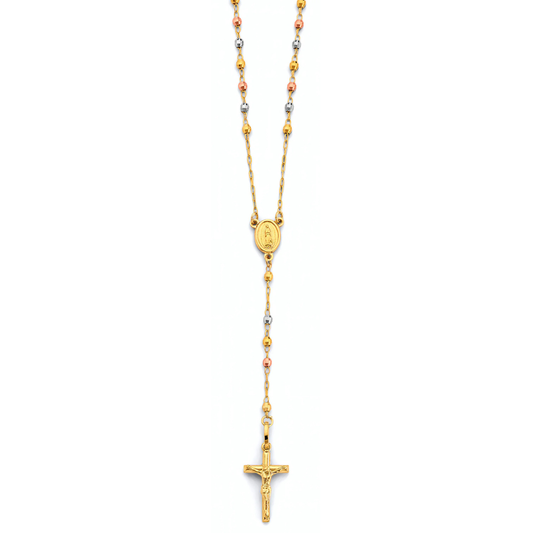 14K Tri Color Gold 2.5mm Disco Ball Beaded Rosary Necklace with Cross Crucifix