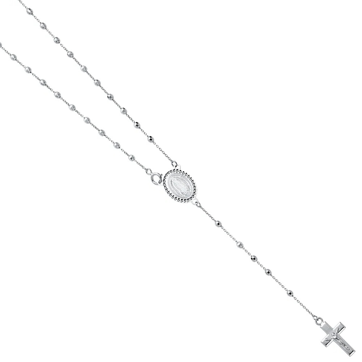 14K White Gold 2.5mm Disco Ball Beaded Rosary Necklace with Cross Crucifix Catholic Chain