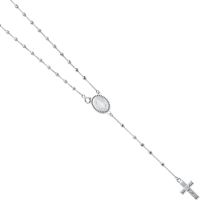 14K White Gold 2.5mm Disco Ball Beaded Rosary Necklace with Cross Crucifix Catholic Chain