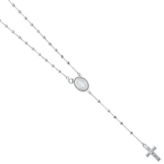 14K White Gold 2.5mm Disco Ball Beaded Rosary Necklace with Cross Crucifix Catholic Chain