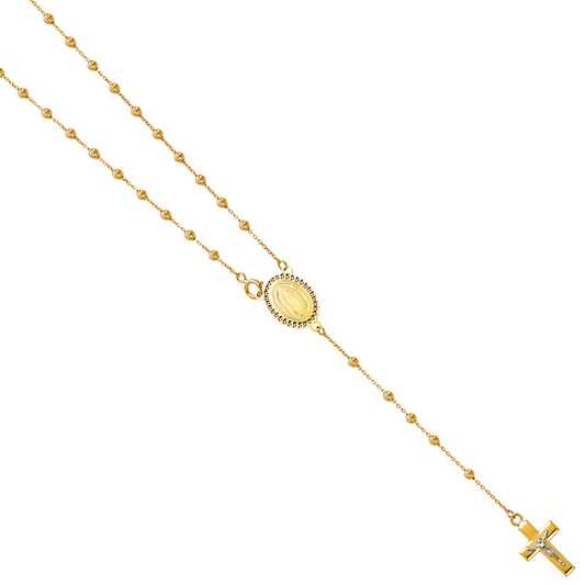 14K Yellow Gold 2.5mm Moon Cut Ball Beaded Rosary Necklace with Cross Crucifix