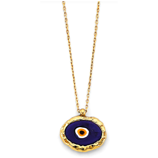 14K Solid Yellow Gold Fancy Blue Evil Eye Unisex Necklace