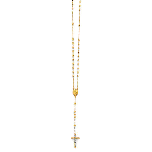 14K Two-Tone Gold 3mm Disco Ball Beaded Rosary Chain Necklace with Cross – 26"