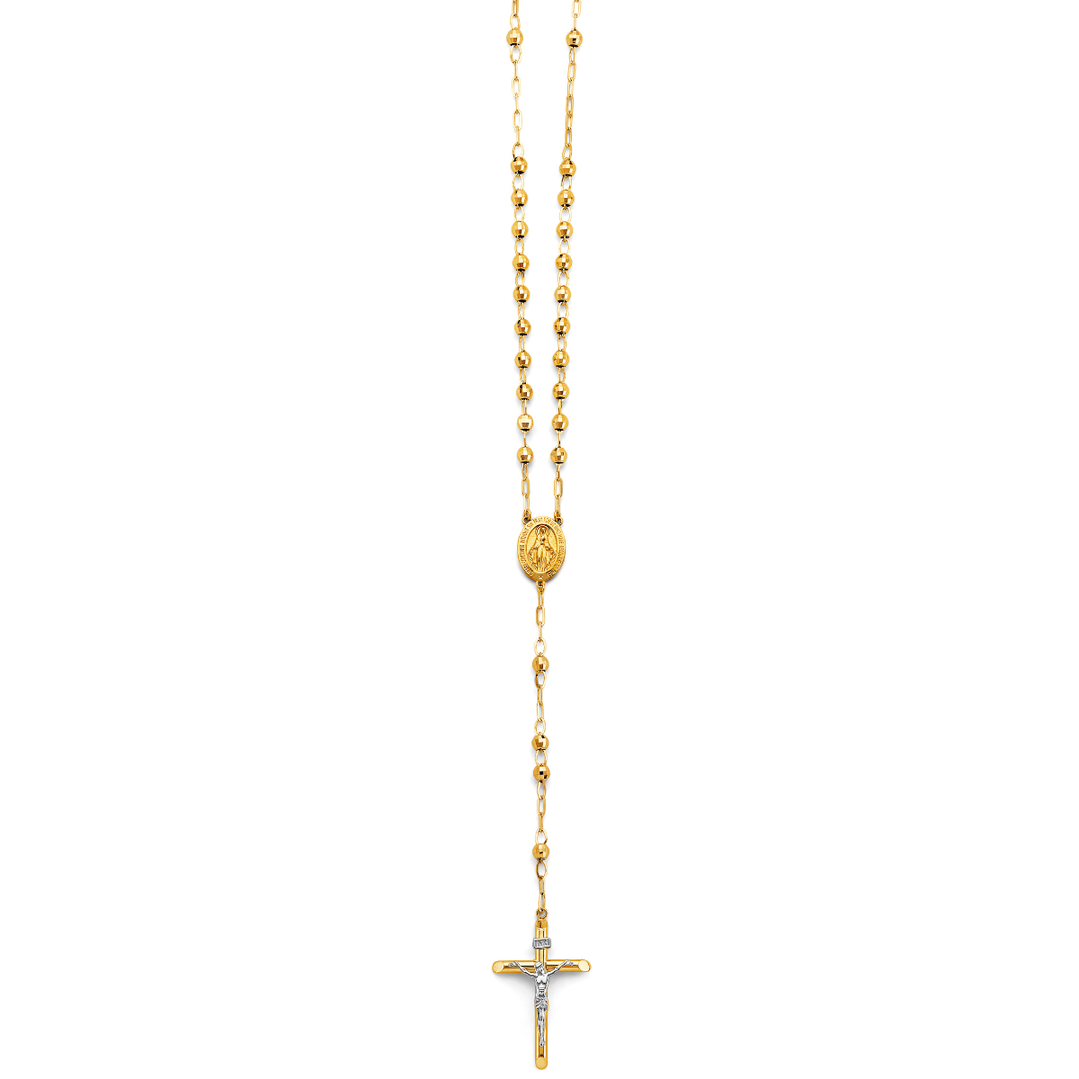 14K Two-Tone Gold Beaded Rosary Necklace with Crucifix Cross - 4mm Ball Chain, 26"