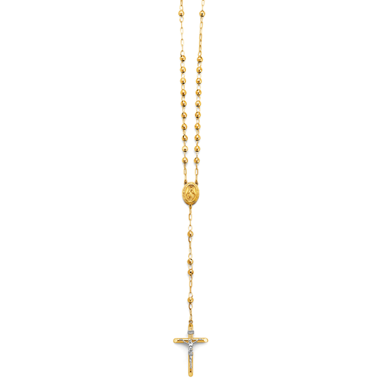 14K Two-Tone Gold Beaded Rosary Necklace with Crucifix Cross - 4mm Ball Chain, 26"