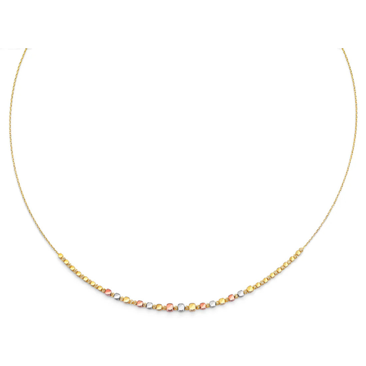 14K Tri-Color Gold Square & Round Bead Station Dainty Chain Necklace for Women - 17"+1"