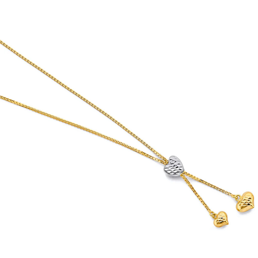 14K Two-Tone Gold Heart Lariat Slider Drop Chain Necklace with Adjustable Slider - 18"