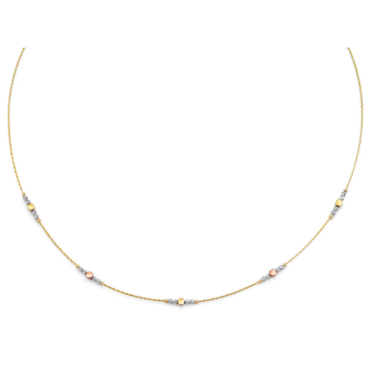 14K Tri-Color Gold Square & Round Bead Station Dainty Chain Necklace for Women - 17"+1"