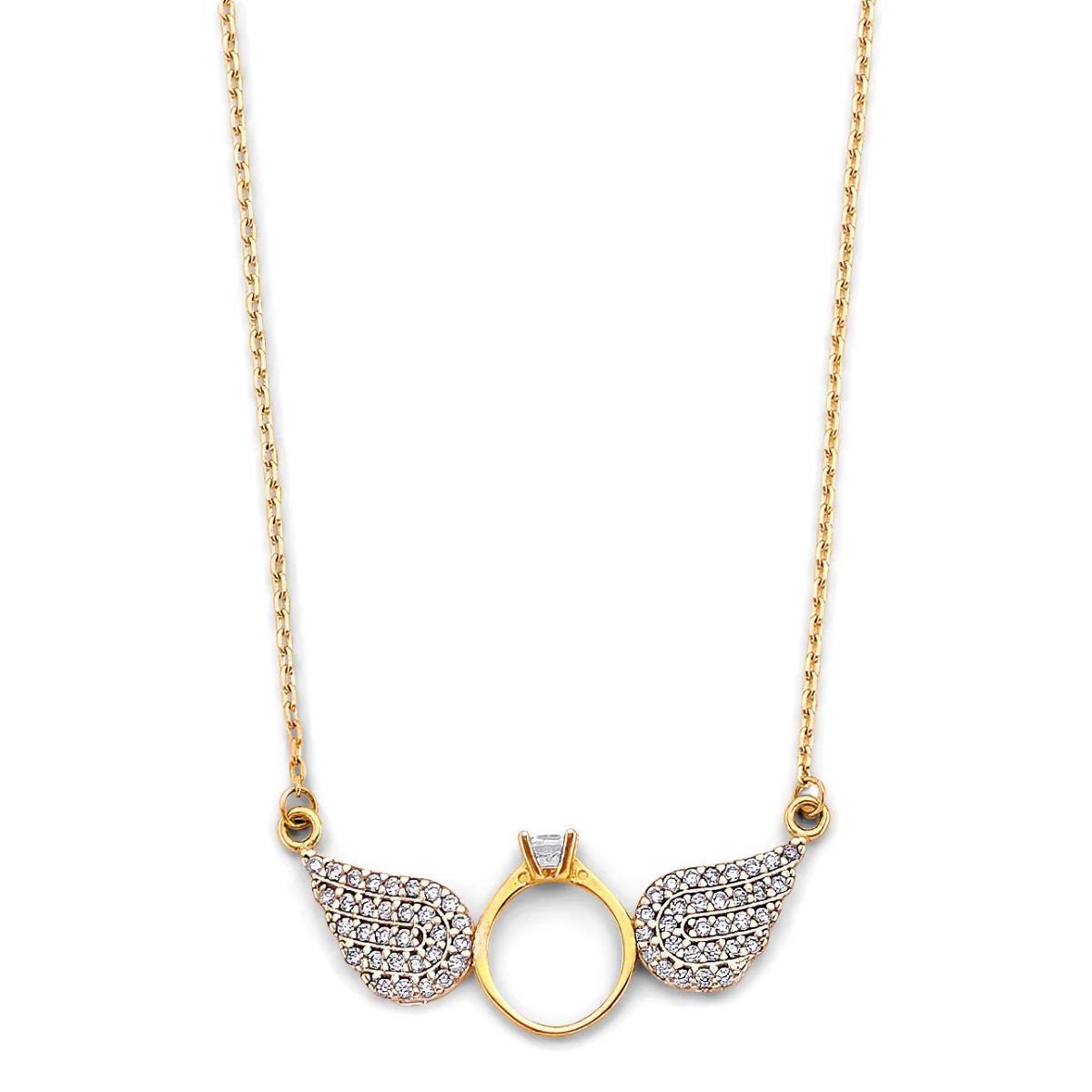 14K Two-Tone Gold Unisex Double Angel Wings Cubic Zirconia Necklace