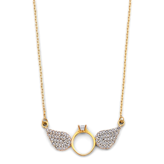 14K Two-Tone Gold Unisex Double Angel Wings Cubic Zirconia Necklace