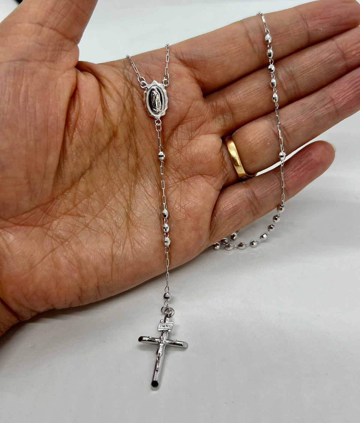 14K White Gold Moon Ball Rosary Necklace with Crucifix - 3mm Beaded Chain, 18"