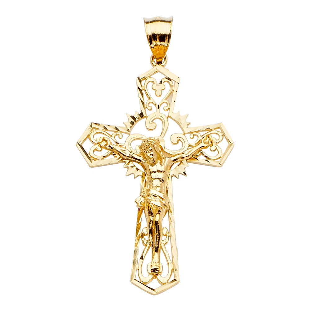 Gold crucifix pendant on a white background