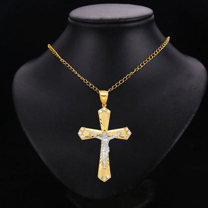 14K Two Tone Gold Cubic Zirconia Religious Crucifix Pendant
