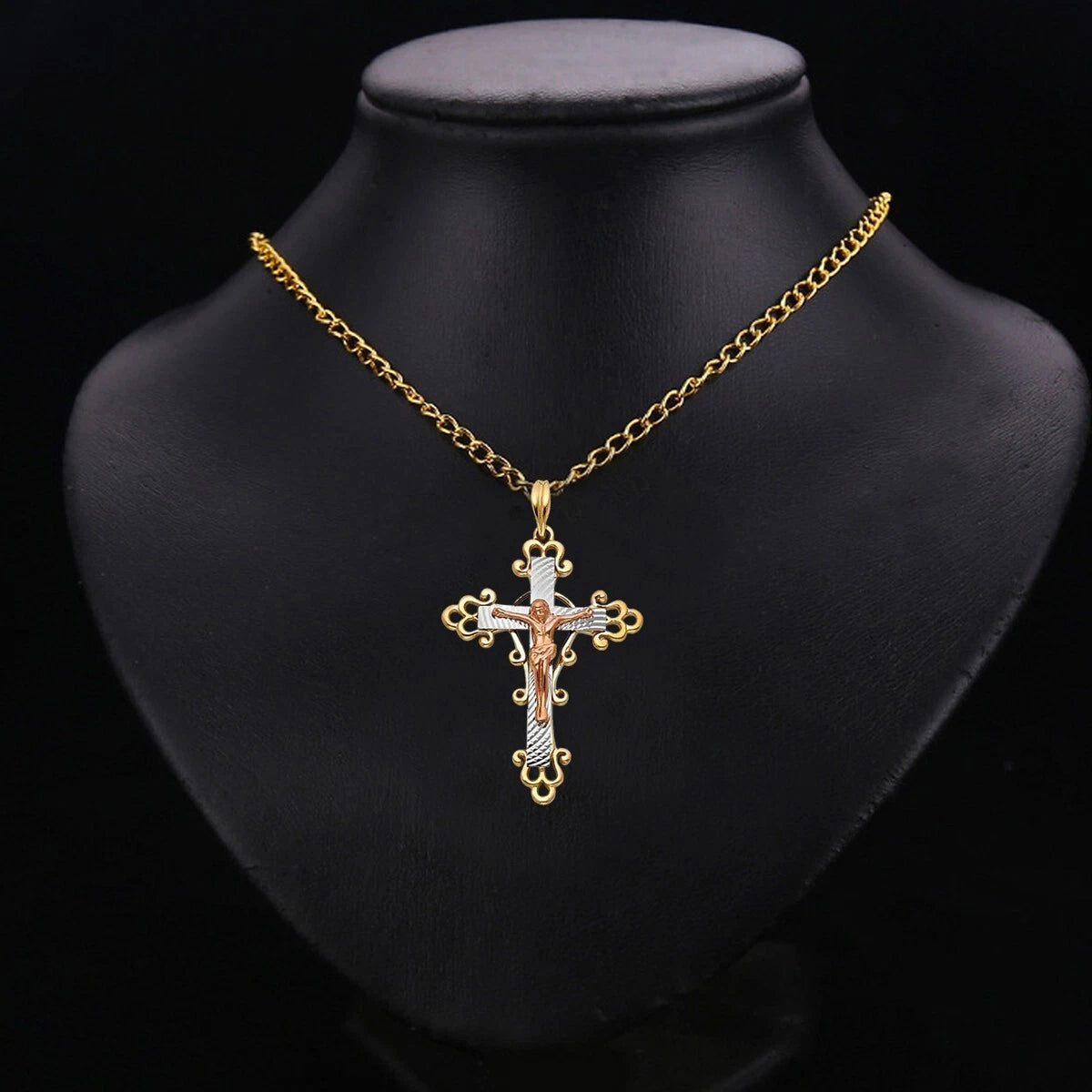 14K Tri Color Gold Religious Crucifix Pendant