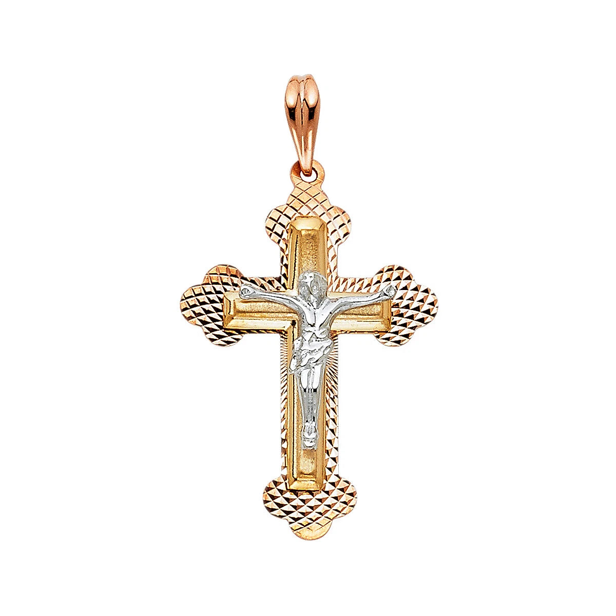 A two-tone crucifix pendant featuring a textured gold cross with a silver-tone corpus of Jesus Christ in the center, suspended from a polished gold bail, shown on a plain white background.