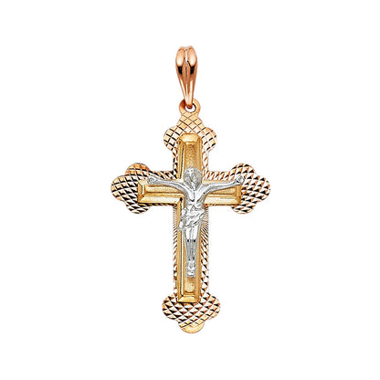 A two-tone crucifix pendant featuring a textured gold cross with a silver-tone corpus of Jesus Christ in the center, suspended from a polished gold bail, shown on a plain white background.