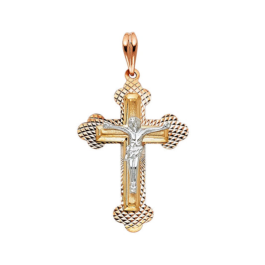 A two-tone crucifix pendant featuring a textured gold cross with a silver-tone corpus of Jesus Christ in the center, suspended from a polished gold bail, shown on a plain white background.