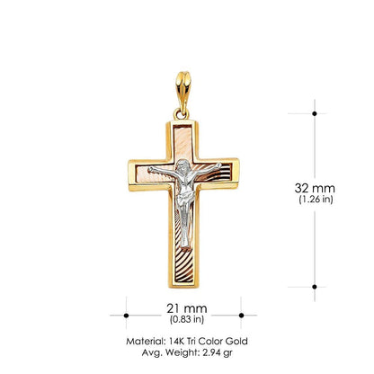 Gold cross pendant with a silver and rose gold inlay and crucifix design, shown with dimension markings of 32 mm height and 21 mm width on a white background.