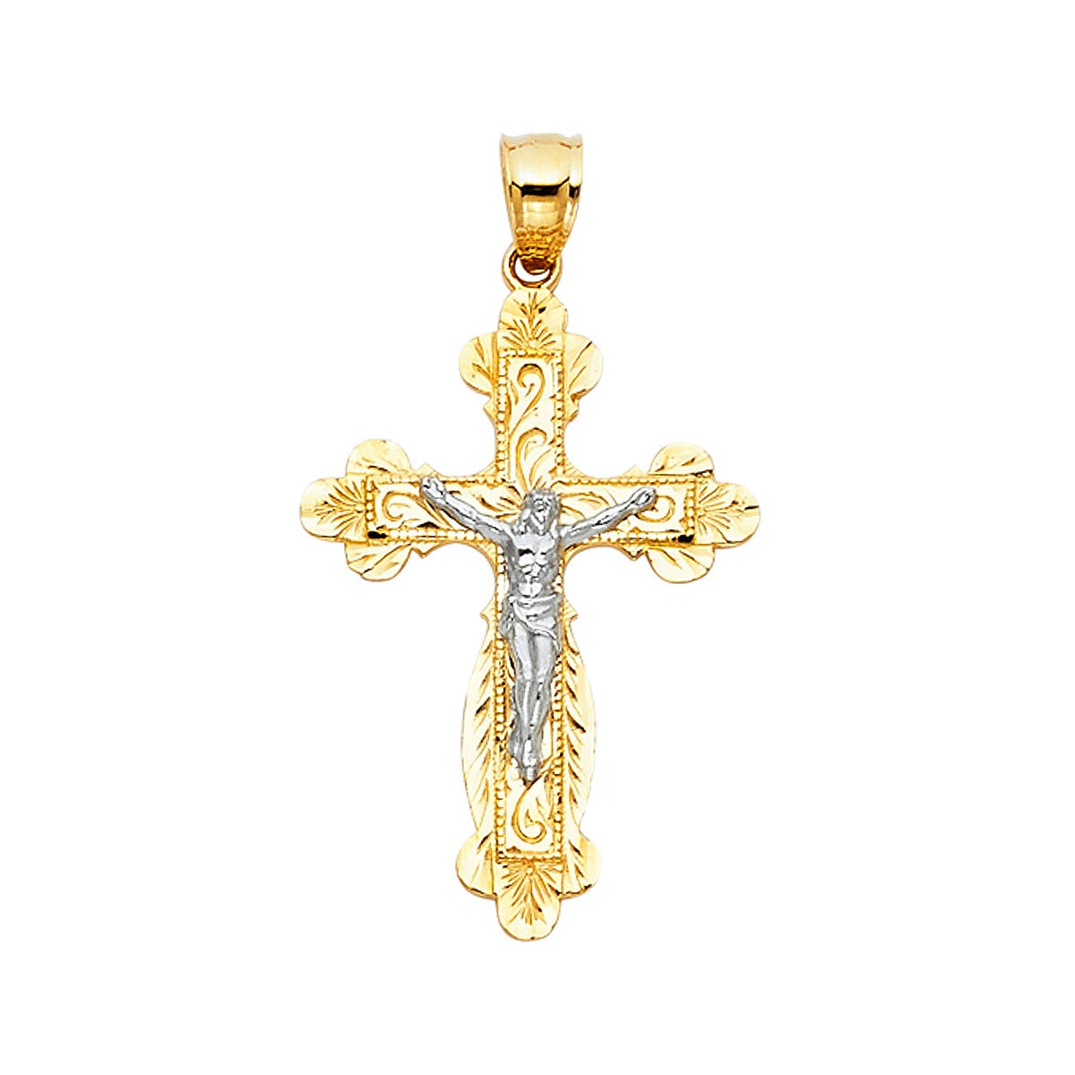 A two-tone gold and silver crucifix pendant featuring an ornate gold cross with floral engravings and a detailed silver figure of Jesus Christ, shown on a plain white background.