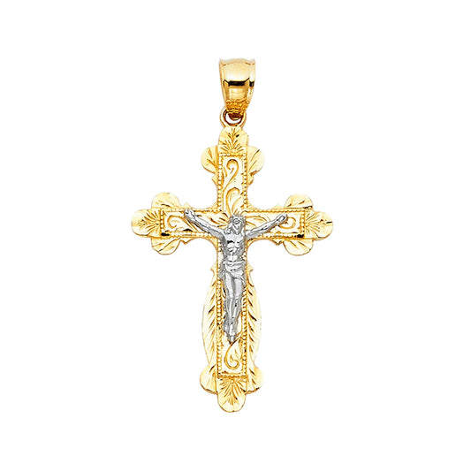 A two-tone gold and silver crucifix pendant featuring an ornate gold cross with floral engravings and a detailed silver figure of Jesus Christ, shown on a plain white background.